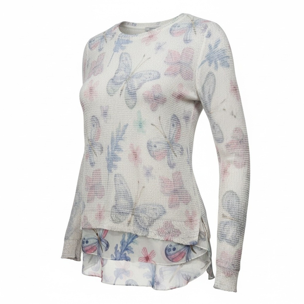 Sioni Butterfly Knit Sweater Layered Chiffon Hem Fairycore Cottagecore Medium